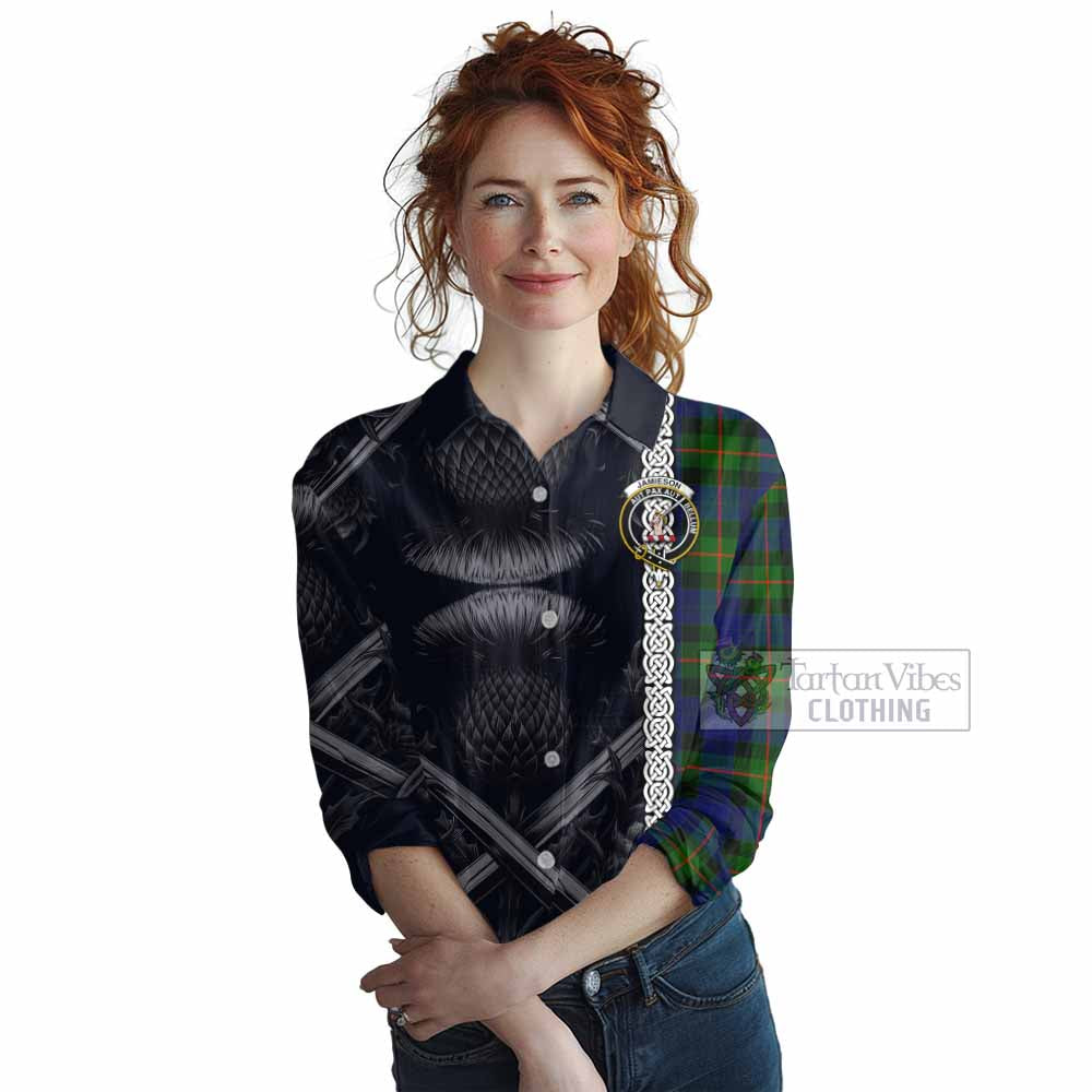 Tartan Vibes Clothing Jamieson Tartan Women's Casual Shirt with Family Crest Cross Sword Thistle Celtic Vibes