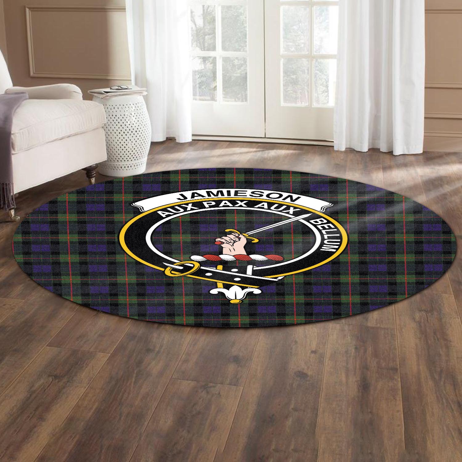 jamieson-tartan-round-rug-with-family-crest