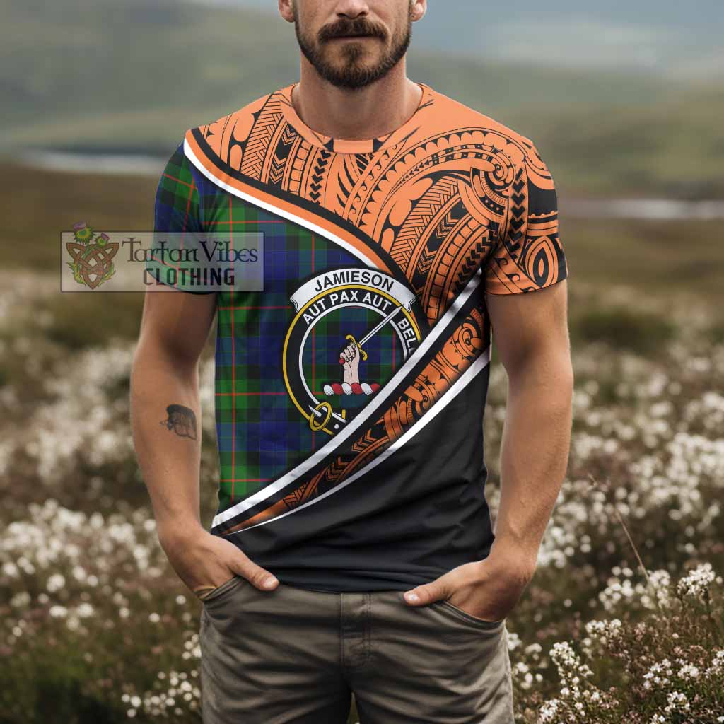 Tartan Vibes Clothing Jamieson Crest Tartan T-Shirt with Maori Tattoo Style - Orange Version