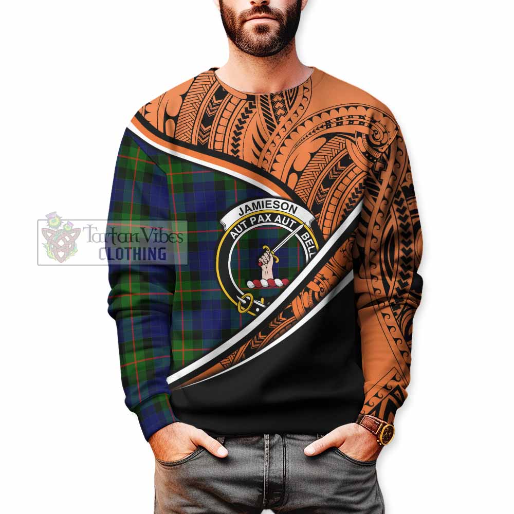 Tartan Vibes Clothing Jamieson Crest Tartan Sweatshirt with Maori Tattoo Style - Orange Version