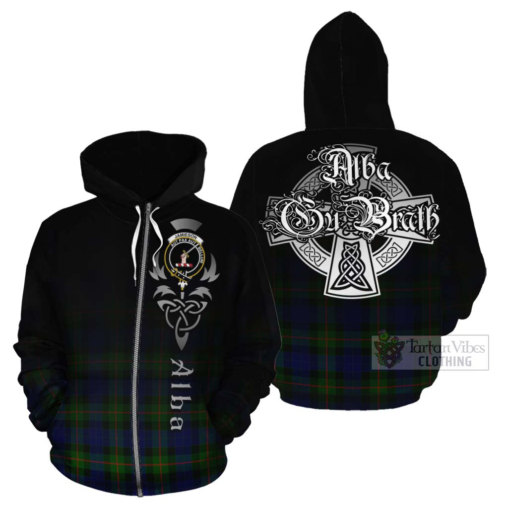 Tartan Vibes Clothing Jamieson Tartan Cotton Hoodie Featuring Alba Gu Brath Family Crest Celtic Inspired