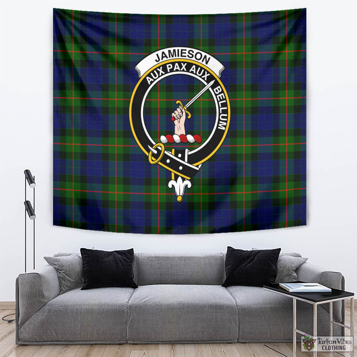 Tartan Vibes Clothing Jamieson Tartan Tapestry Wall Hanging and Home Decor for Room with Family Crest