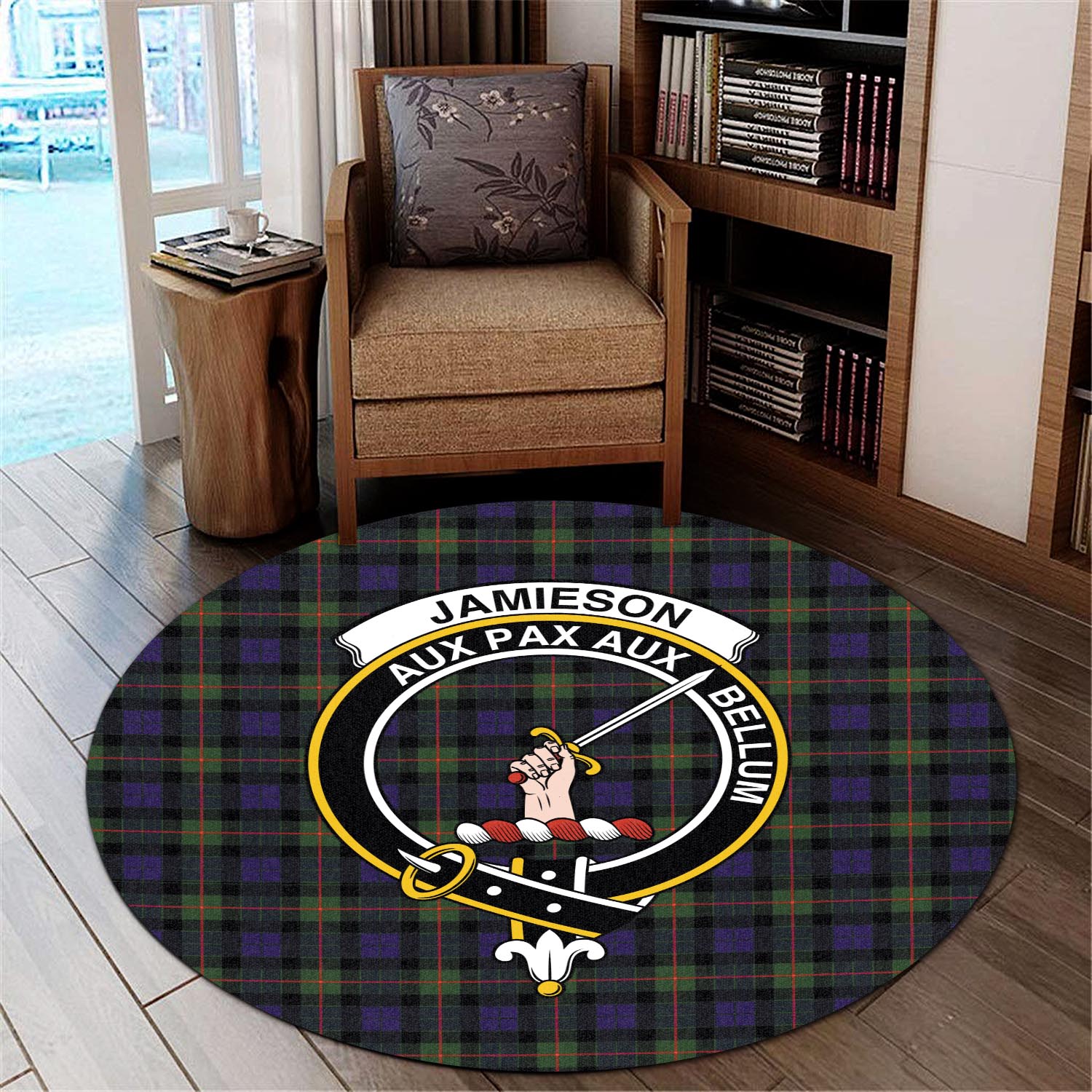 jamieson-tartan-round-rug-with-family-crest