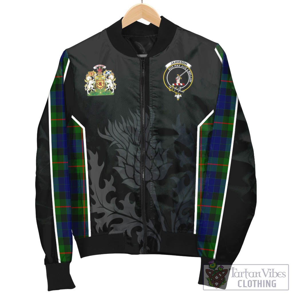 Tartan Vibes Clothing Jamieson Tartan Bomber Jacket with Family Crest and Scottish Thistle Vibes Sport Style