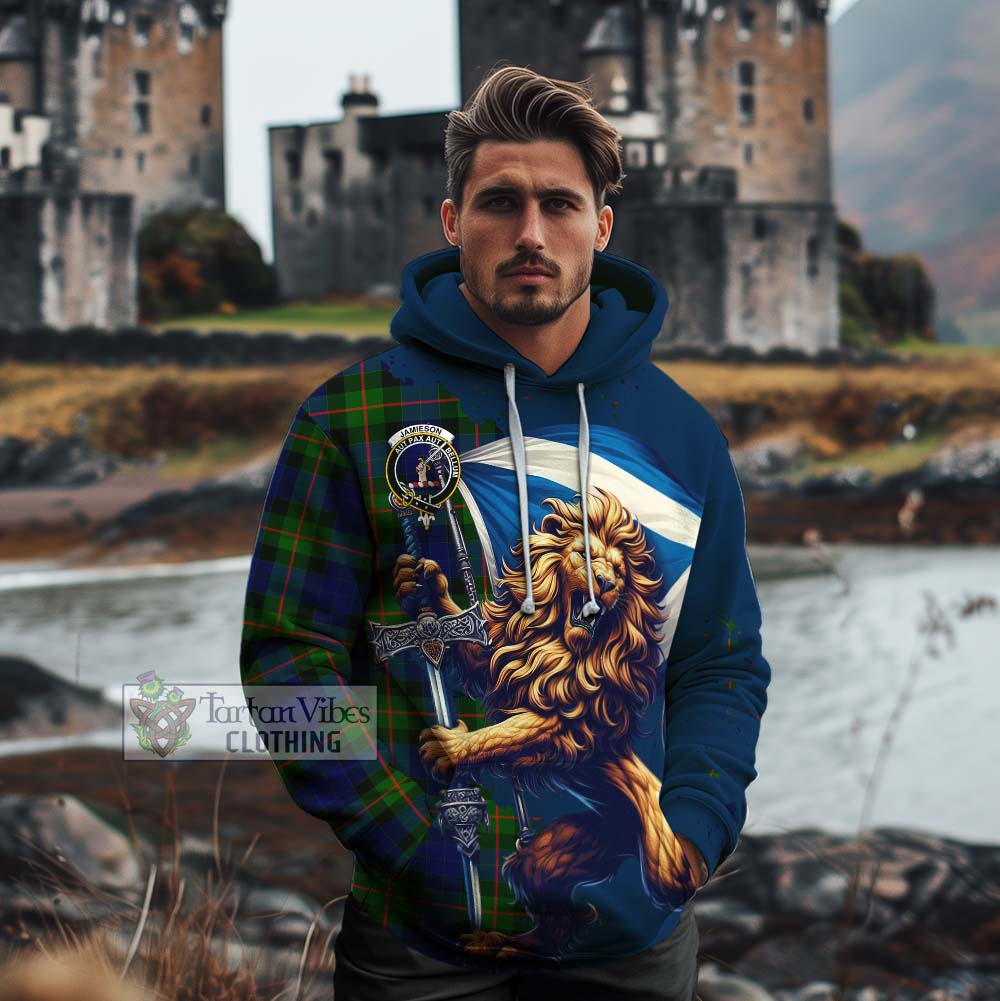 Tartan Vibes Clothing Jamieson Tartan Family Crest Cotton Hoodie with Scottish Majestic Lion