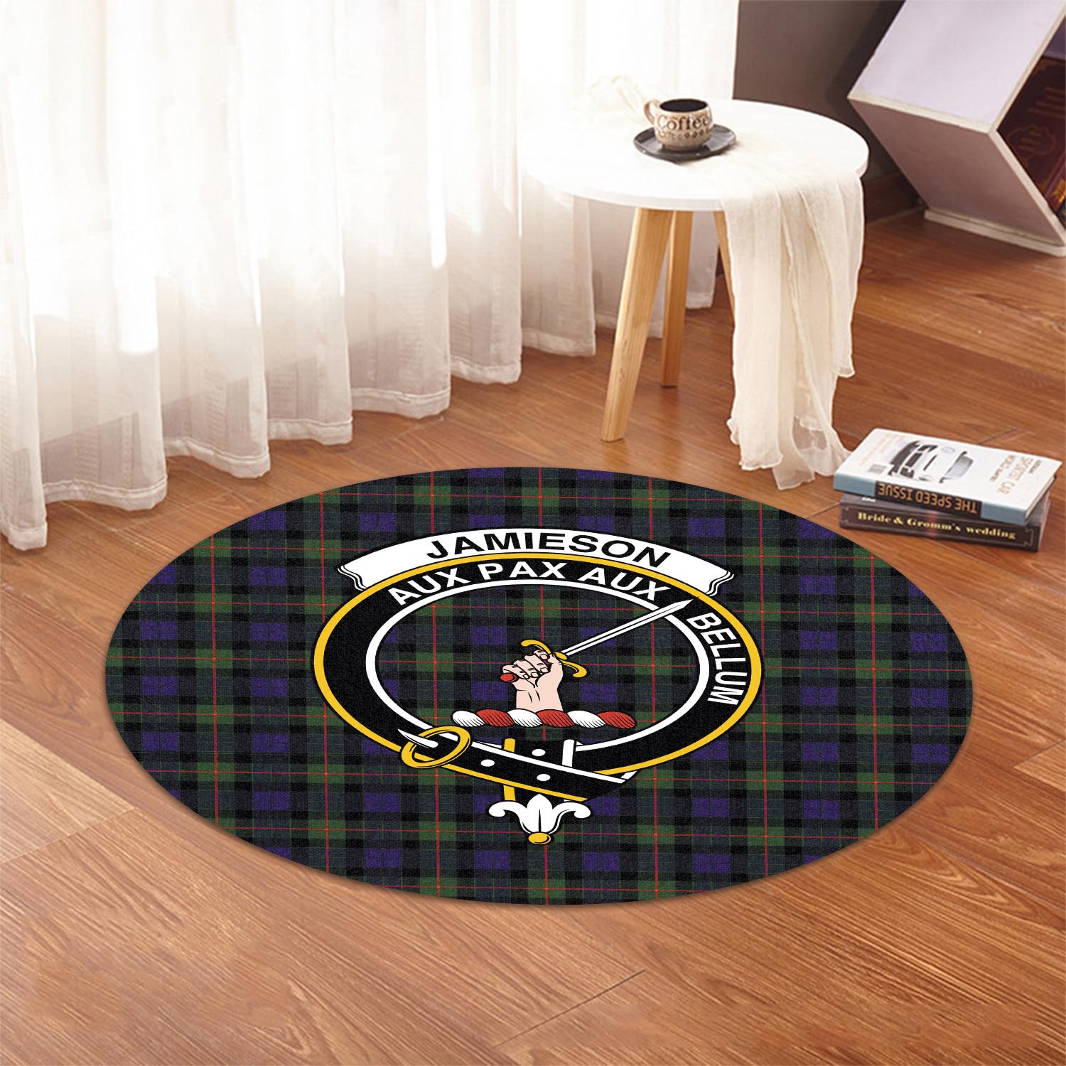 jamieson-tartan-round-rug-with-family-crest