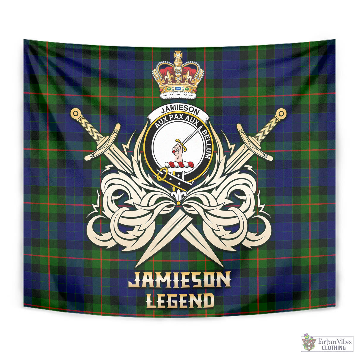 Tartan Vibes Clothing Jamieson Tartan Tapestry with Clan Crest and the Golden Sword of Courageous Legacy