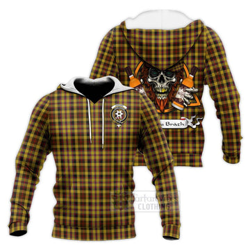 Jardine Tartan Knitted Hoodie with Family Crest and Bearded Skull Holding Bottles of Whiskey