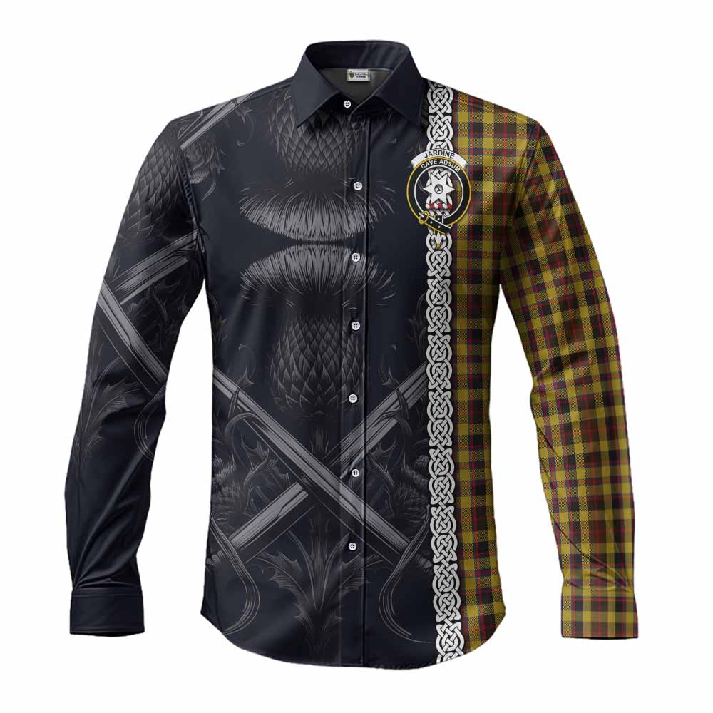 Tartan Vibes Clothing Jardine Tartan Long Sleeve Button Shirt with Family Crest Cross Sword Thistle Celtic Vibes