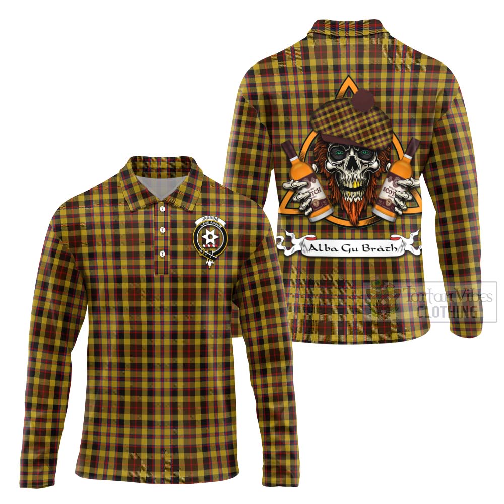 Tartan Vibes Clothing Jardine Tartan Long Sleeve Polo Shirt with Family Crest and Bearded Skull Holding Bottles of Whiskey