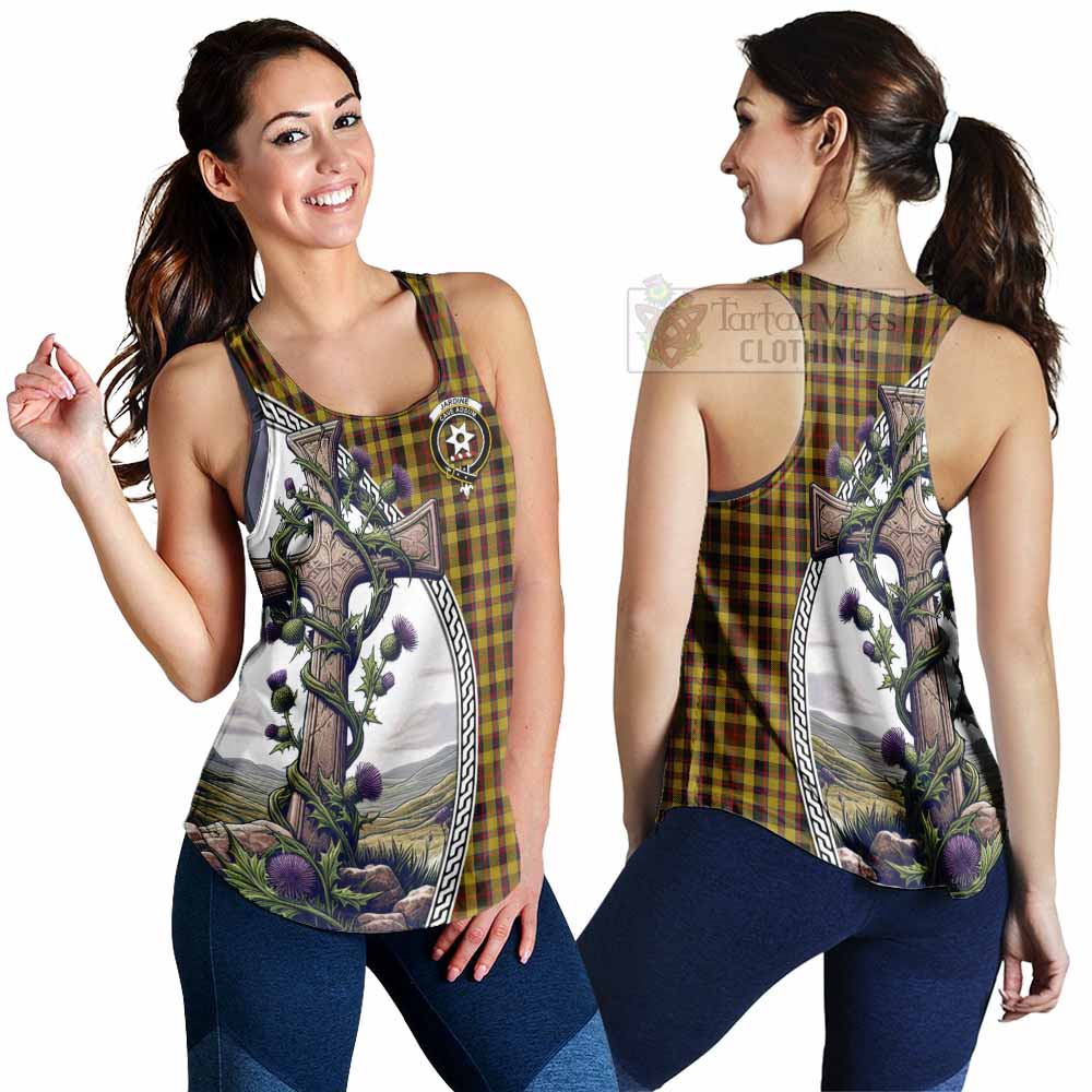 Tartan Vibes Clothing Jardine Tartan Women's Racerback Tanks with Family Crest and St. Andrew's Cross Accented by Thistle Vines