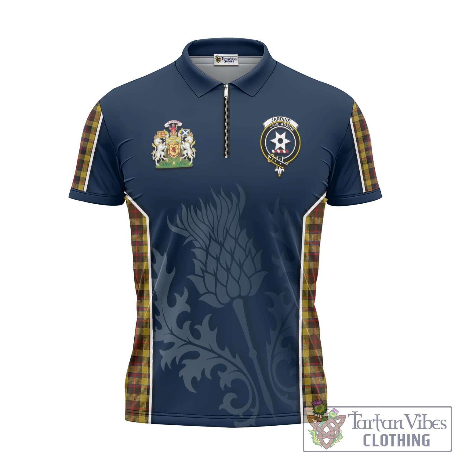 Tartan Vibes Clothing Jardine Tartan Zipper Polo Shirt with Family Crest and Scottish Thistle Vibes Sport Style