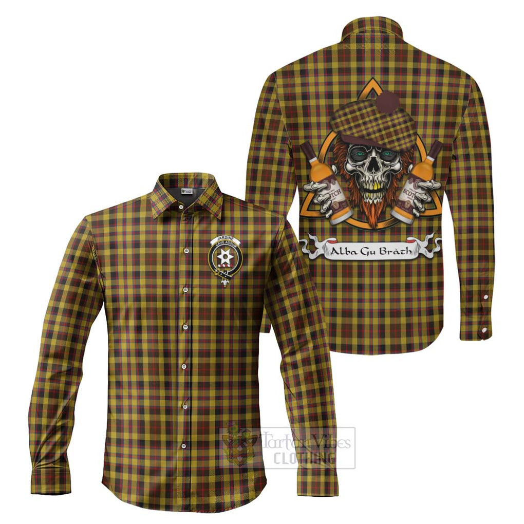 Tartan Vibes Clothing Jardine Tartan Long Sleeve Button Shirt with Family Crest and Bearded Skull Holding Bottles of Whiskey