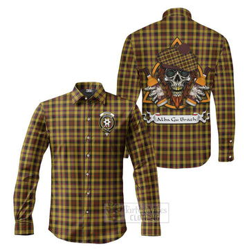 Jardine Tartan Long Sleeve Button Shirt with Family Crest and Bearded Skull Holding Bottles of Whiskey