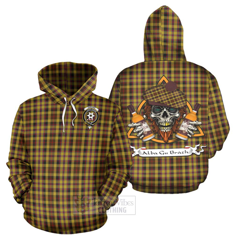 Tartan Vibes Clothing Jardine Tartan Hoodie with Family Crest and Bearded Skull Holding Bottles of Whiskey