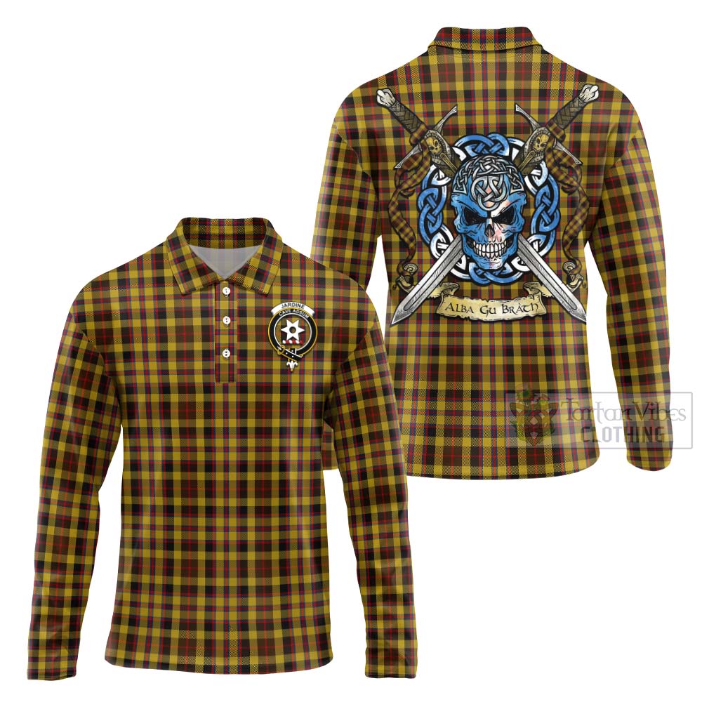 Tartan Vibes Clothing Jardine Tartan Long Sleeve Polo Shirt with Family Crest Celtic Skull Style