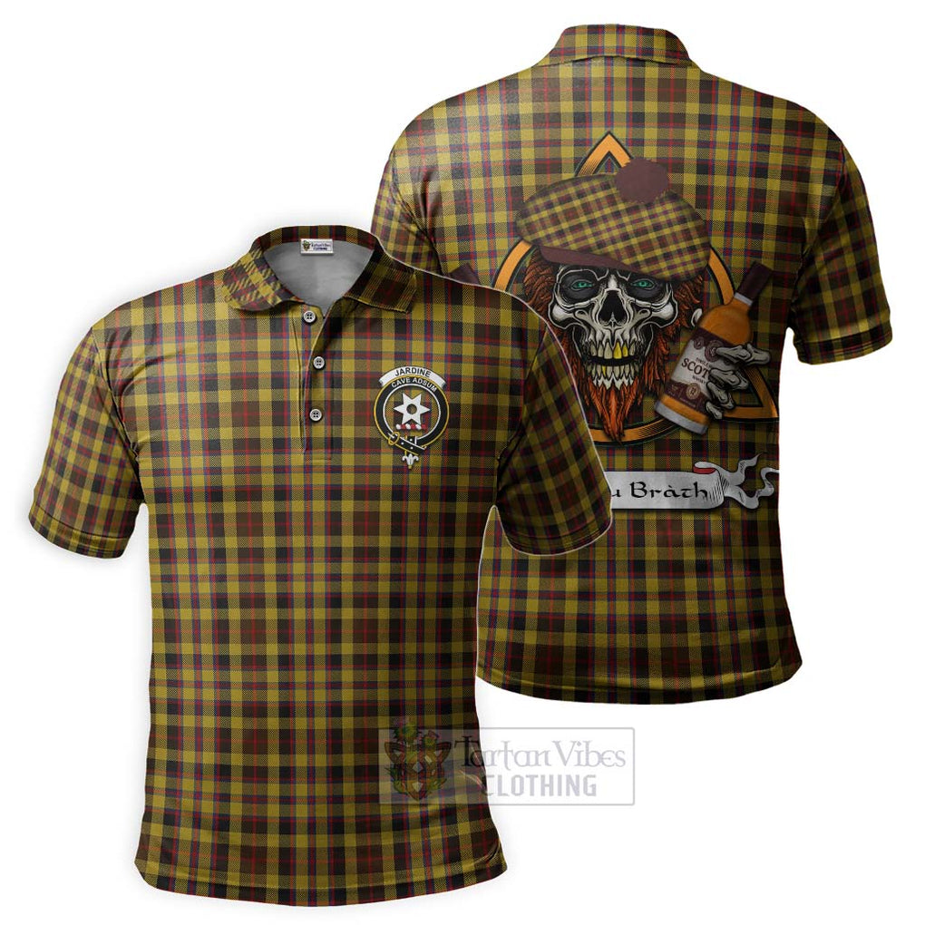 Tartan Vibes Clothing Jardine Tartan Polo Shirt with Family Crest and Bearded Skull Holding Bottles of Whiskey