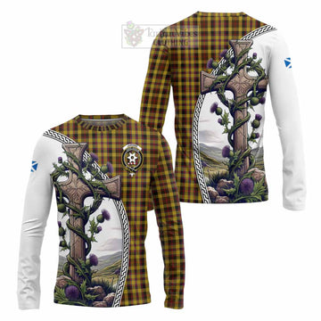 Jardine Tartan Long Sleeve T-Shirt with Family Crest and St. Andrew's Cross Accented by Thistle Vines