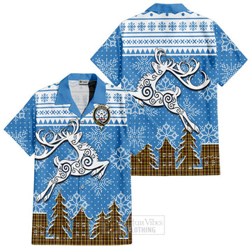 Jardine Clan Christmas Short Sleeve Button Shirt Celtic Reindeer Style