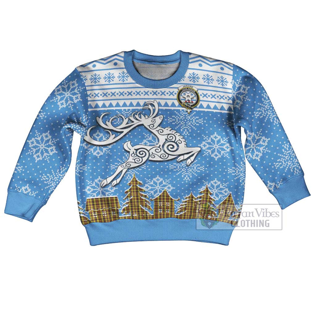 Tartan Vibes Clothing Jardine Clan Christmas Kid Ugly Sweater with Tartan and Celtic Raindeer Style