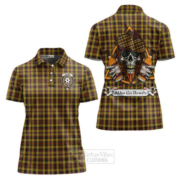 Jardine Tartan Women's Polo Shirt with Family Crest and Bearded Skull Holding Bottles of Whiskey