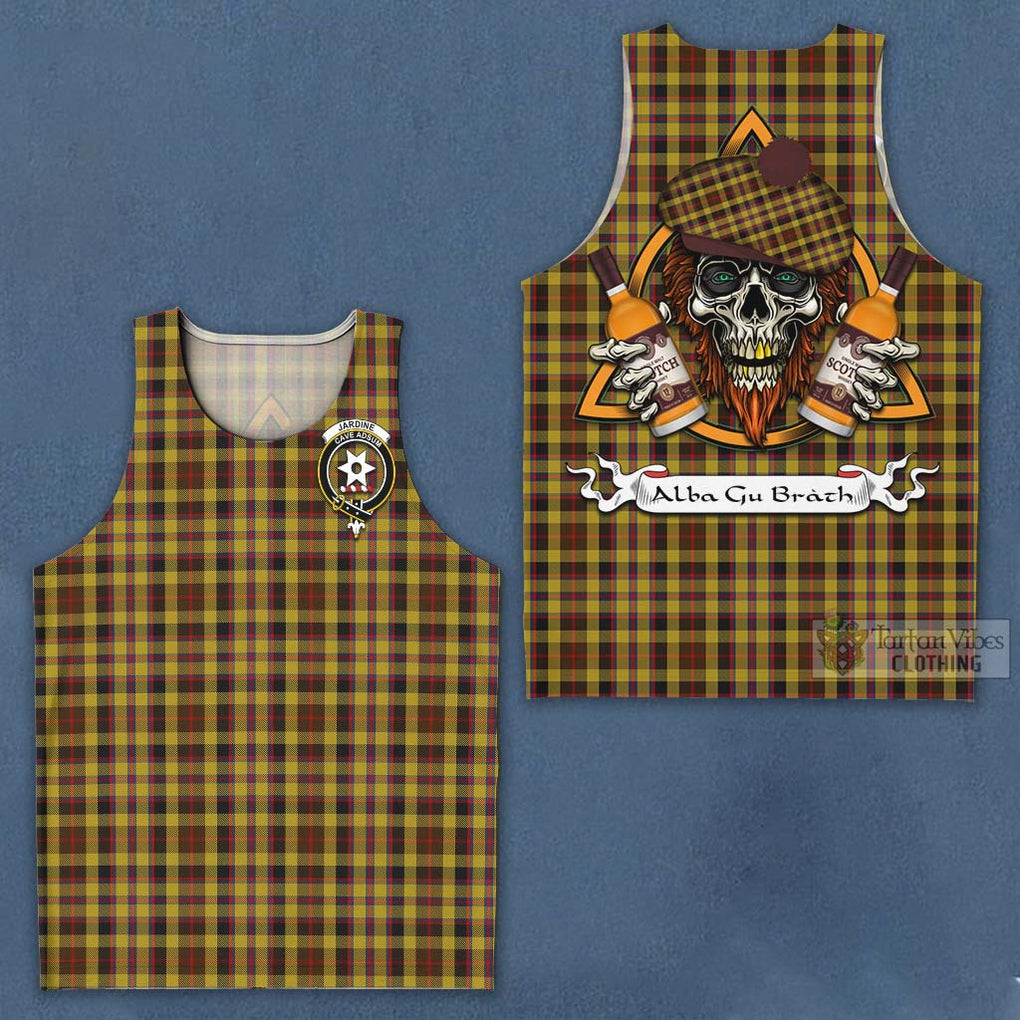 Tartan Vibes Clothing Jardine Tartan Men's Tank Top with Family Crest and Bearded Skull Holding Bottles of Whiskey