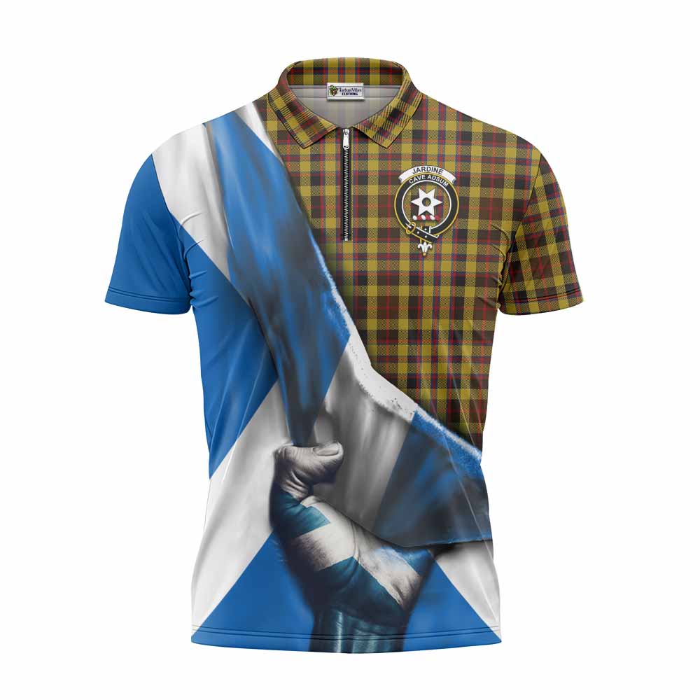 Tartan Vibes Clothing Jardine Tartan Zipper Polo Shirt with Family Crest Scotland Patriotic Style