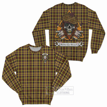 Jardine Tartan Sweatshirt with Family Crest and Bearded Skull Holding Bottles of Whiskey