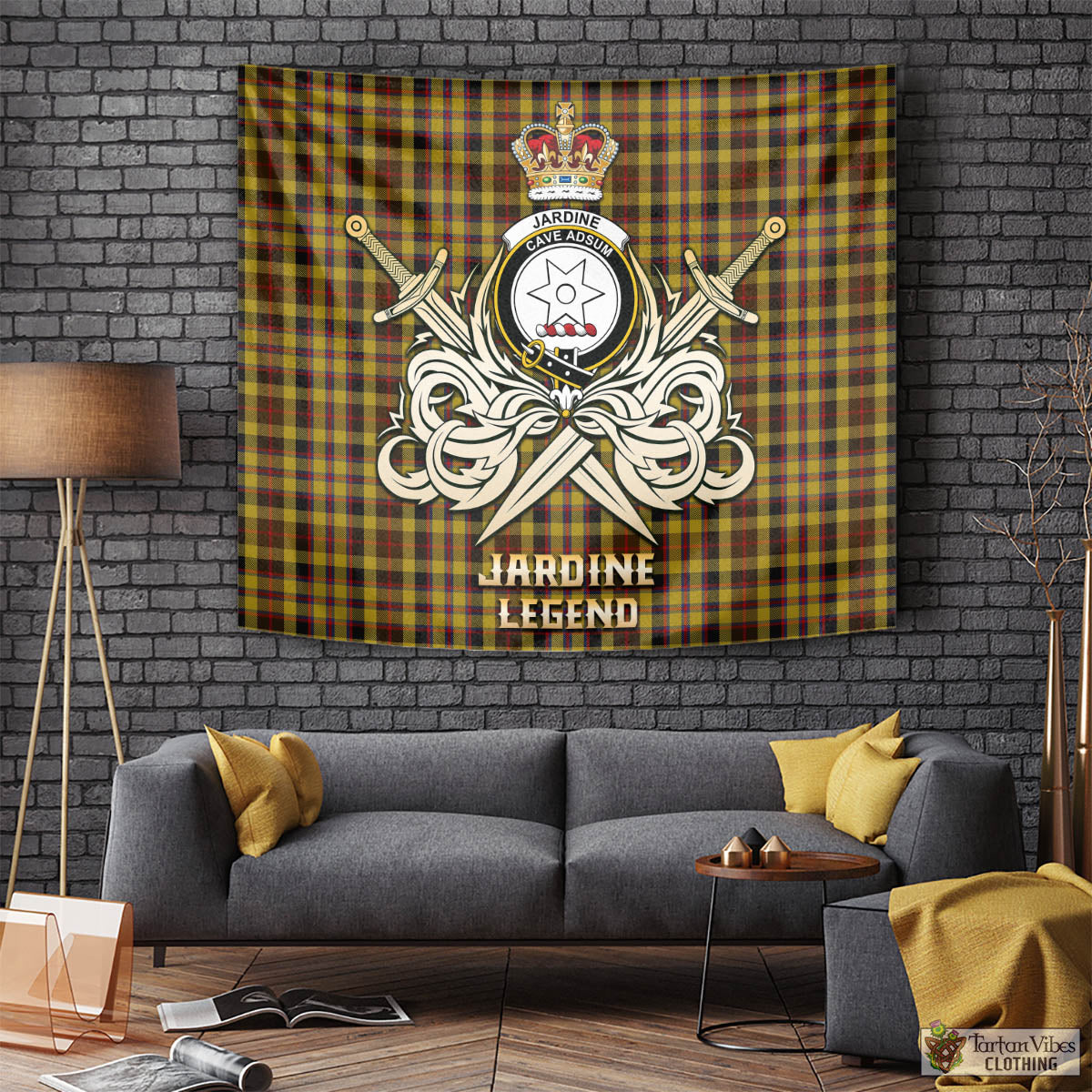 Tartan Vibes Clothing Jardine Tartan Tapestry with Clan Crest and the Golden Sword of Courageous Legacy