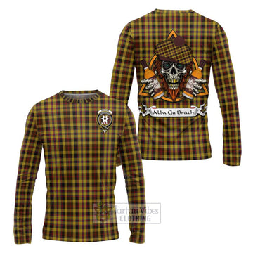 Jardine Tartan Long Sleeve T-Shirt with Family Crest and Bearded Skull Holding Bottles of Whiskey