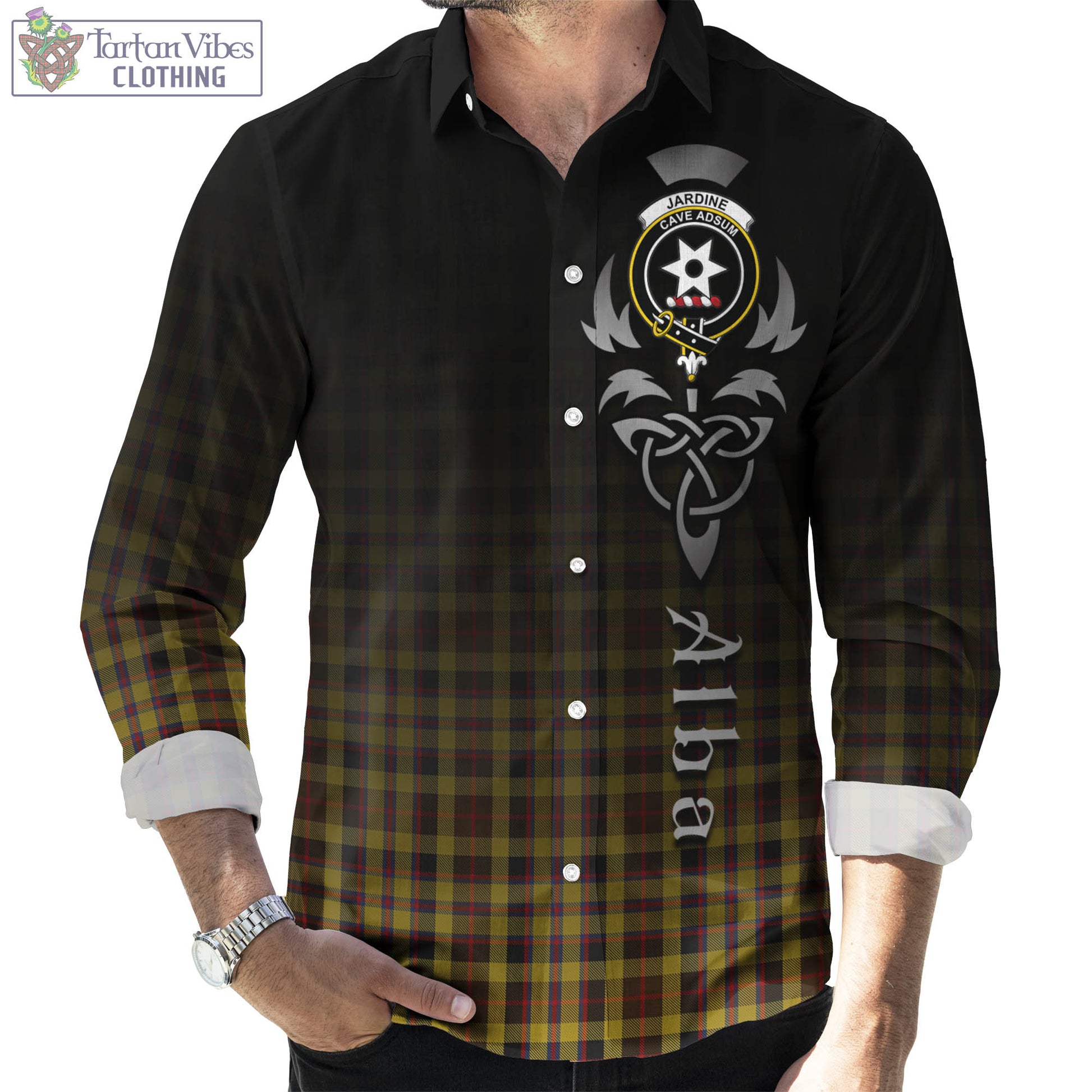 Tartan Vibes Clothing Jardine Tartan Long Sleeve Button Up Featuring Alba Gu Brath Family Crest Celtic Inspired