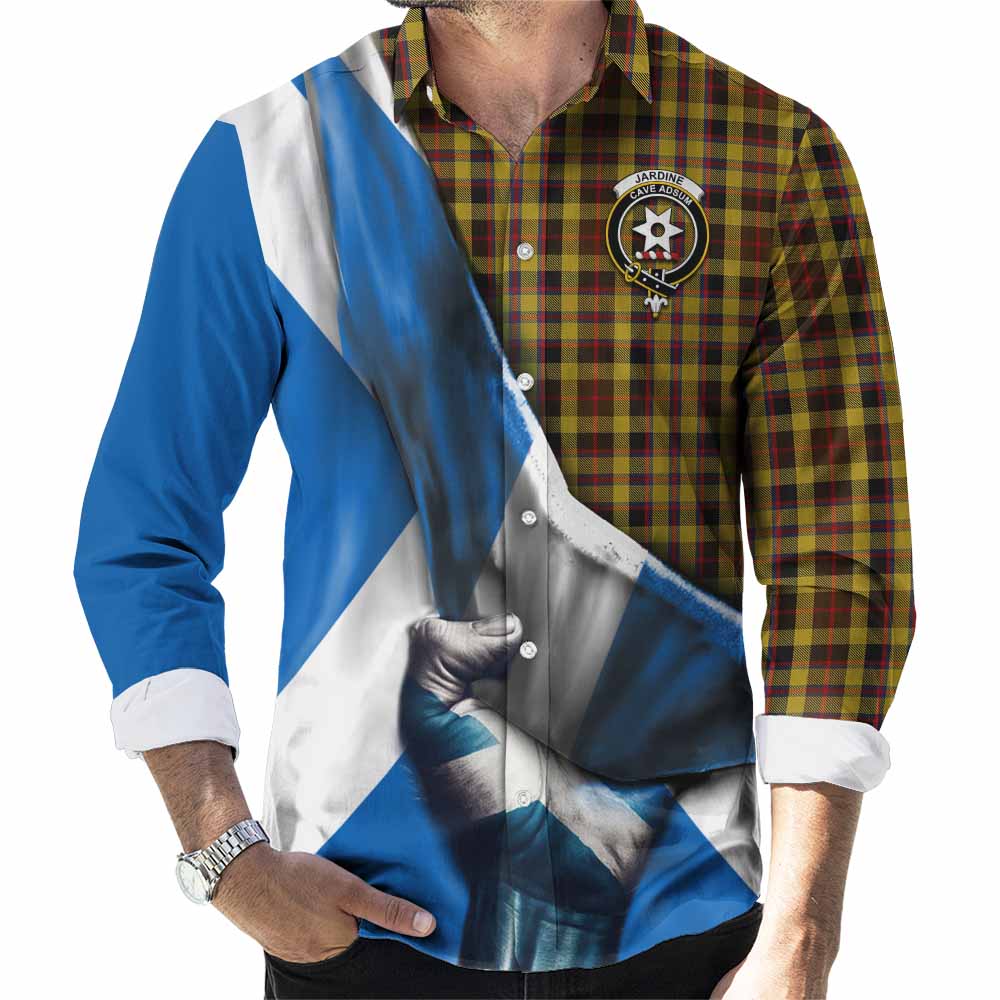 Tartan Vibes Clothing Jardine Tartan Long Sleeve Button Shirt with Family Crest Scotland Patriotic Style