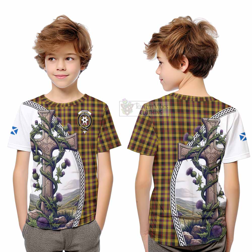 Tartan Vibes Clothing Jardine Tartan Kid T-Shirt with Family Crest and St. Andrew's Cross Accented by Thistle Vines