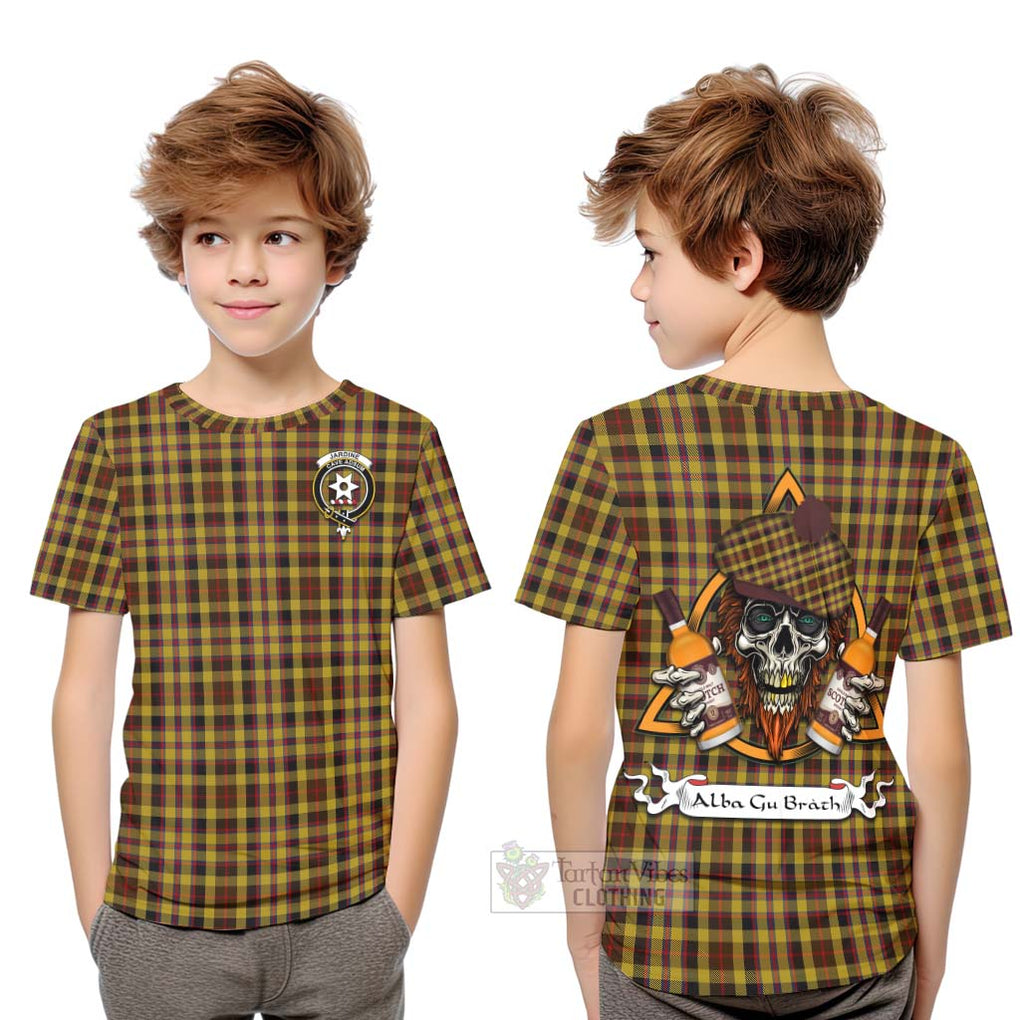 Tartan Vibes Clothing Jardine Tartan Kid T-Shirt with Family Crest and Bearded Skull Holding Bottles of Whiskey