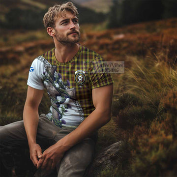 Jardine Tartan T-Shirt with Family Crest and St. Andrew's Cross Accented by Thistle Vines - Tartan Vibes Clothing