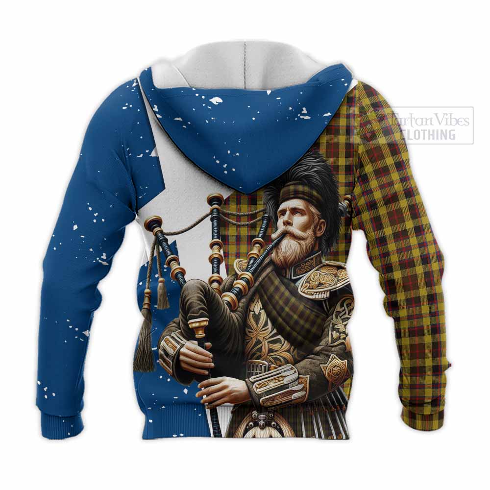 Tartan Vibes Clothing Jardine Tartan Knitted Hoodie with Family Crest Scottish Bagpiper Vibes