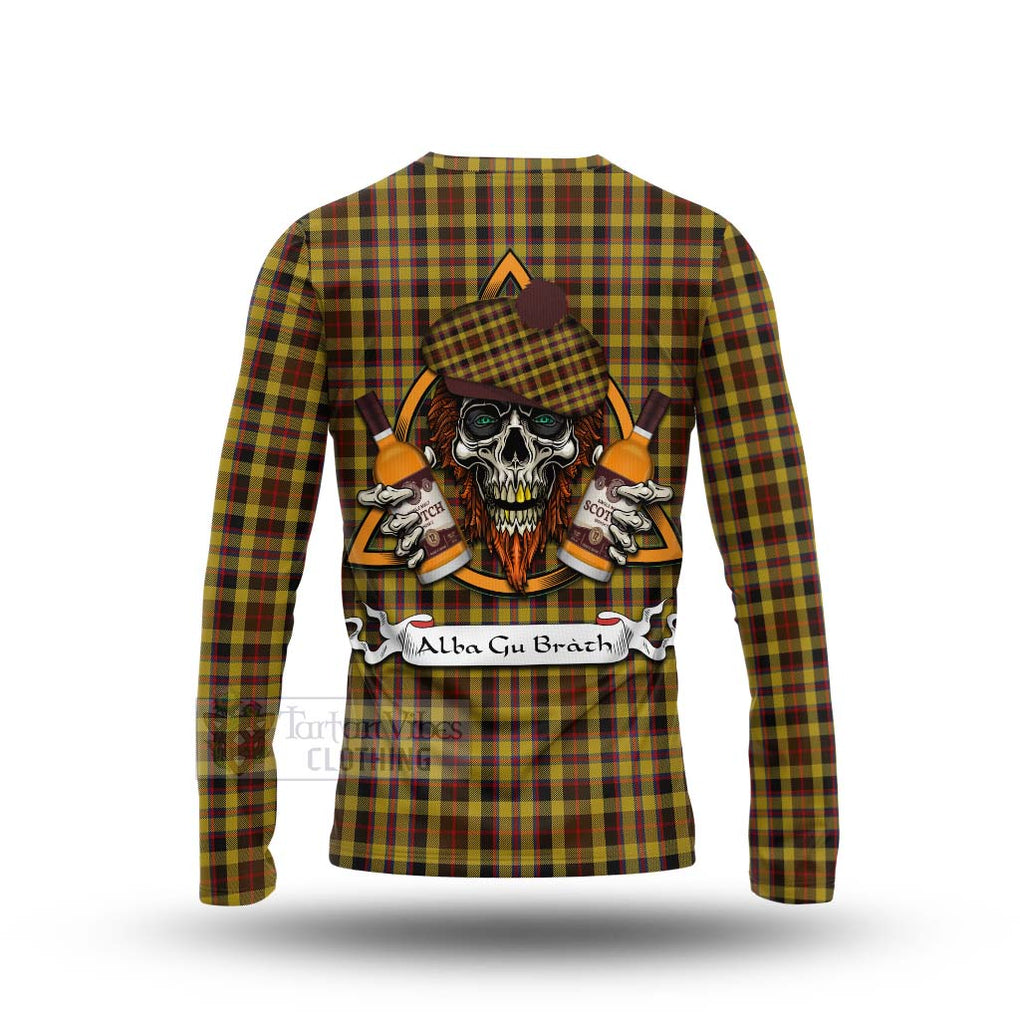 Tartan Vibes Clothing Jardine Tartan Long Sleeve T-Shirt with Family Crest and Bearded Skull Holding Bottles of Whiskey