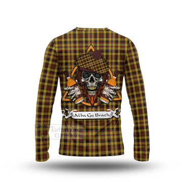 Jardine Tartan Long Sleeve T-Shirt with Family Crest and Bearded Skull Holding Bottles of Whiskey