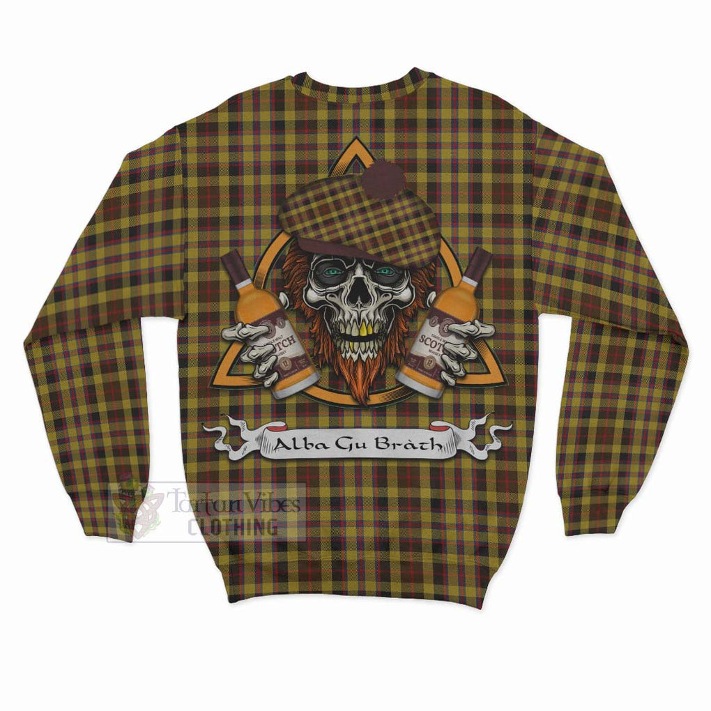 Tartan Vibes Clothing Jardine Tartan Sweatshirt with Family Crest and Bearded Skull Holding Bottles of Whiskey