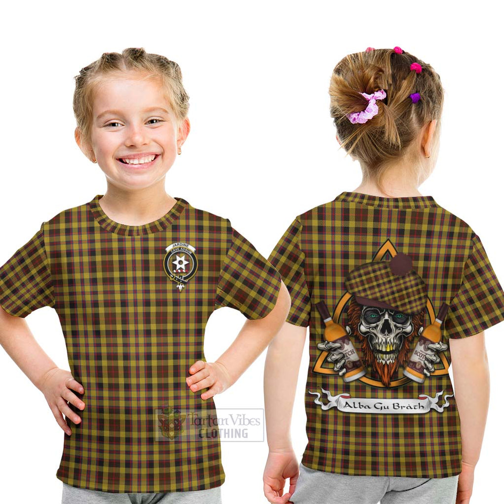 Tartan Vibes Clothing Jardine Tartan Kid T-Shirt with Family Crest and Bearded Skull Holding Bottles of Whiskey