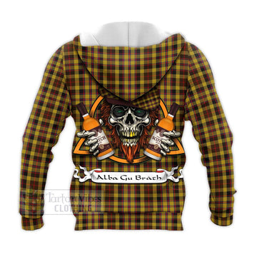 Jardine Tartan Knitted Hoodie with Family Crest and Bearded Skull Holding Bottles of Whiskey