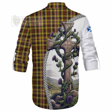 Jardine Tartan Ghillie Kilt Shirt with Family Crest and St. Andrew's Cross Accented by Thistle Vines