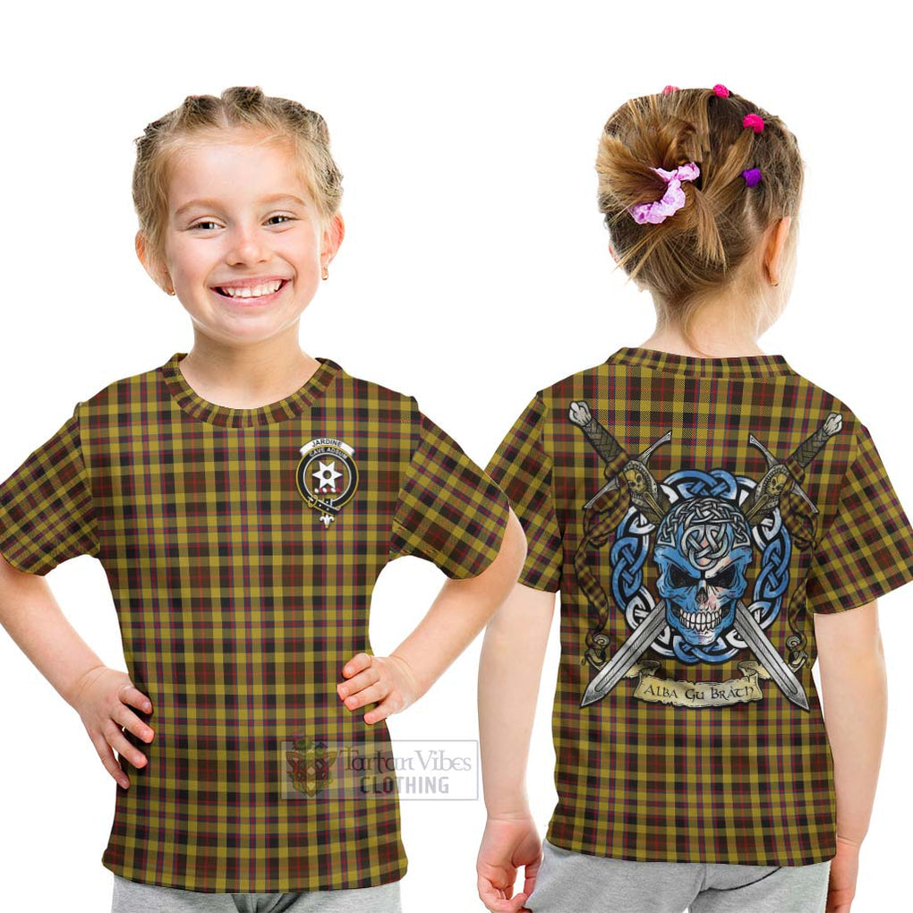 Tartan Vibes Clothing Jardine Tartan Kid T-Shirt with Family Crest Celtic Skull Style