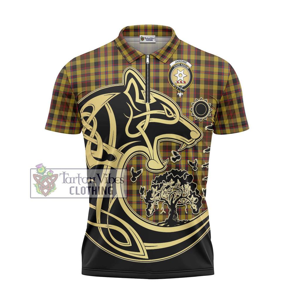 Jardine Tartan Zipper Polo Shirt with Family Crest Celtic Wolf Style - Tartanvibesclothing Shop