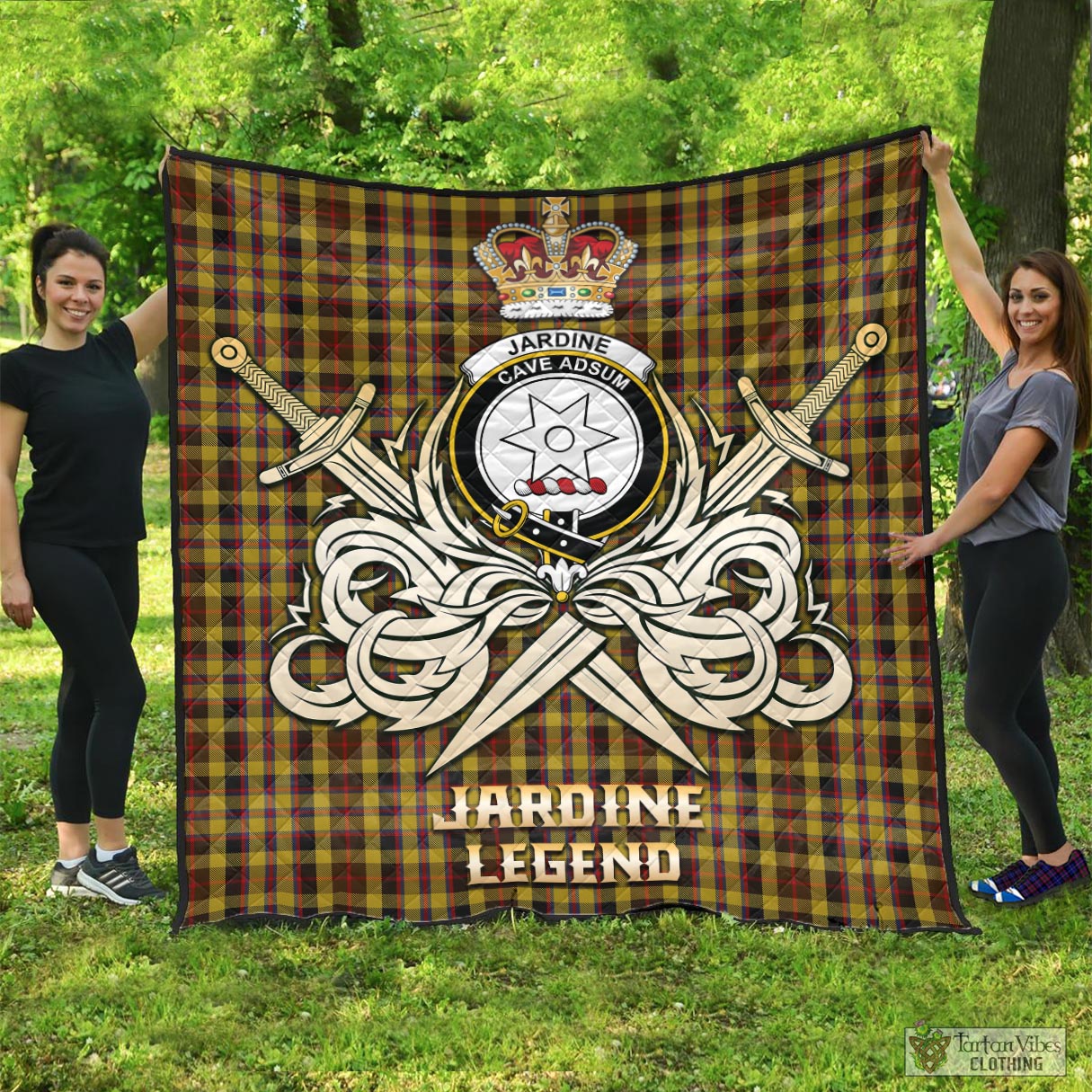 Tartan Vibes Clothing Jardine Tartan Quilt with Clan Crest and the Golden Sword of Courageous Legacy