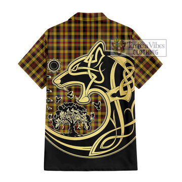 Jardine Tartan Short Sleeve Button Shirt with Family Crest Celtic Wolf Style