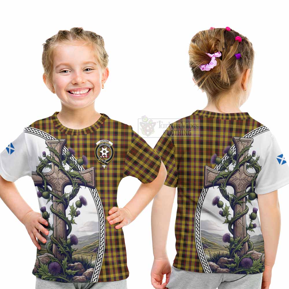 Tartan Vibes Clothing Jardine Tartan Kid T-Shirt with Family Crest and St. Andrew's Cross Accented by Thistle Vines