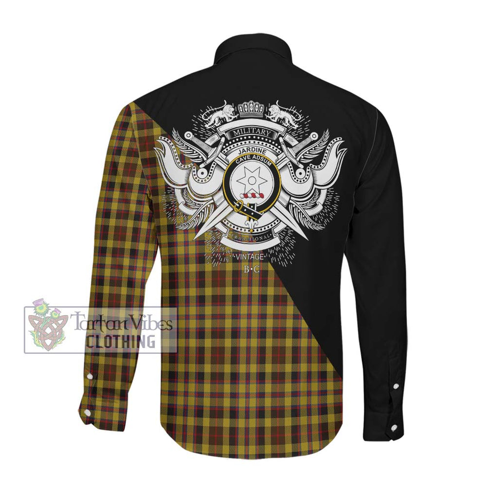 Jardine Tartan Long Sleeve Button Shirt with Family Crest and Military Logo Style Men's Shirt - Tartanvibesclothing Shop