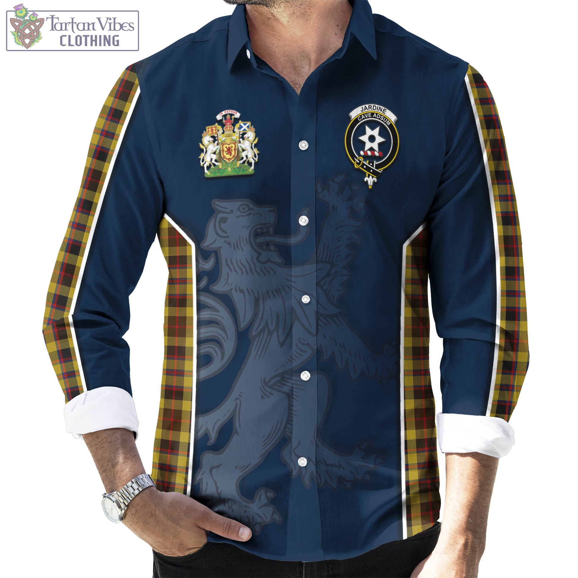 Tartan Vibes Clothing Jardine Tartan Long Sleeve Button Up Shirt with Family Crest and Lion Rampant Vibes Sport Style