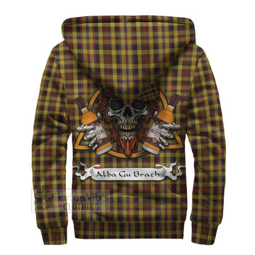 Jardine Tartan Sherpa Hoodie with Family Crest and Bearded Skull Holding Bottles of Whiskey